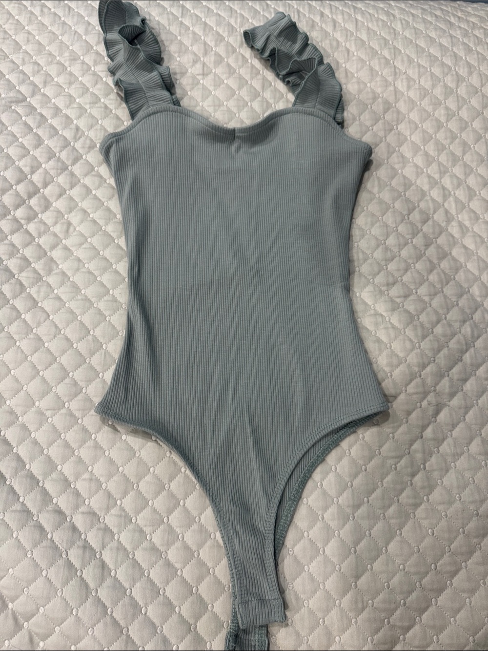 Francesca's Collections Ribbed Ruffle-Strap Bodysuit in Sage